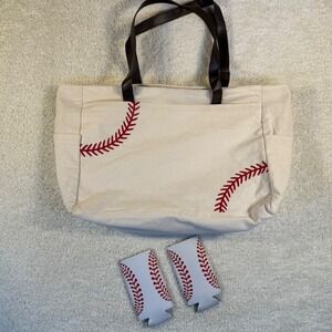 Baseball Theme Beige Canvas Tote Bag & Koozies Brown Faux Leather Strap & Snap